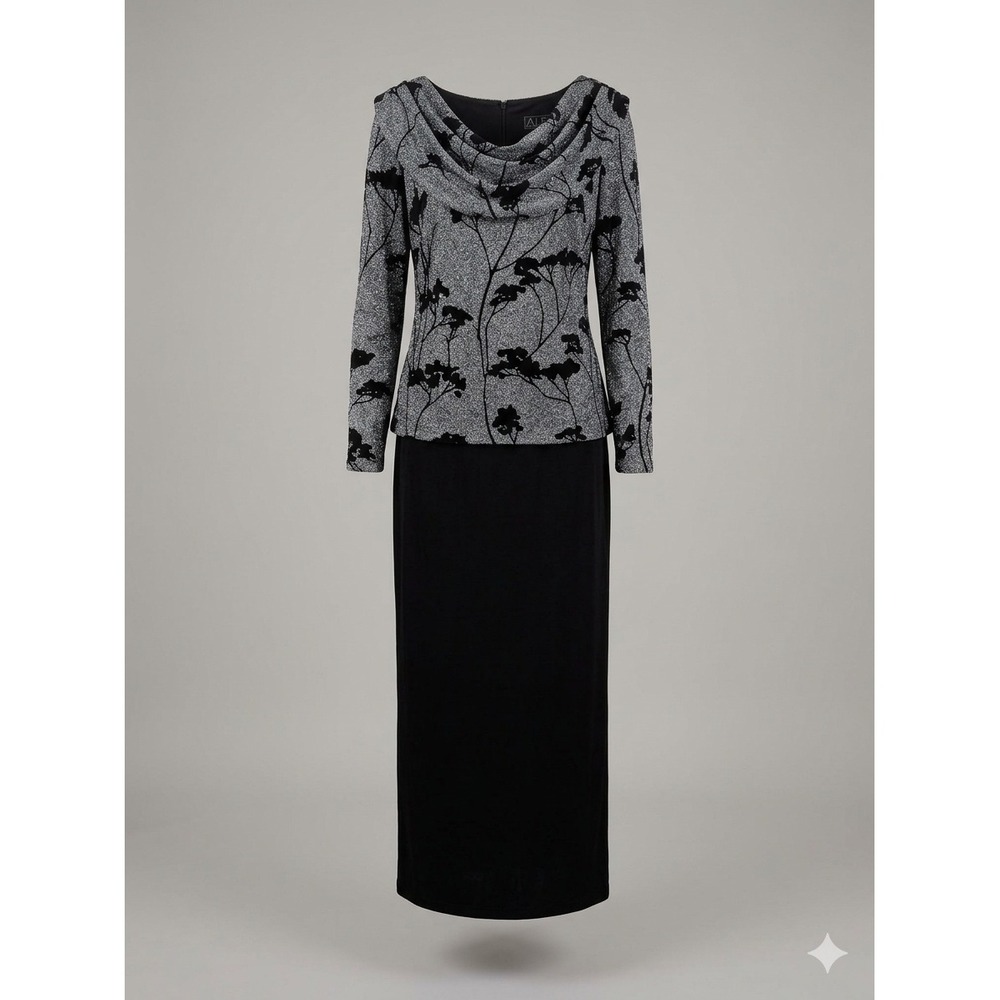 Alex Evenings Maxi Dress Womens 20W Black Silver Metallic Floral Cowl Neck